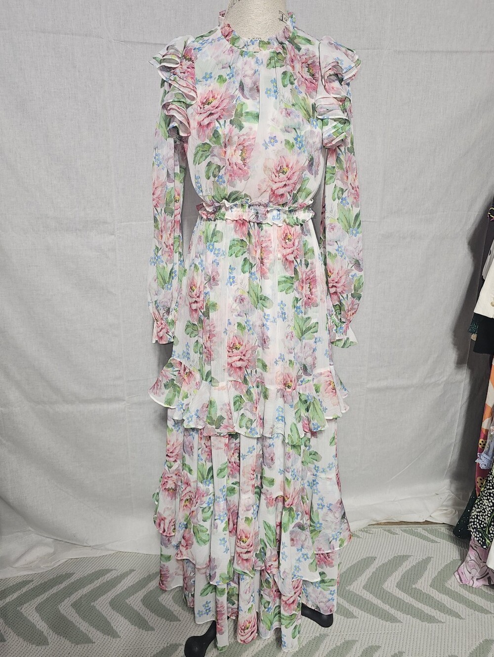 Needle & Thread Pink Floral Ruffle Tiered Maxi Dress